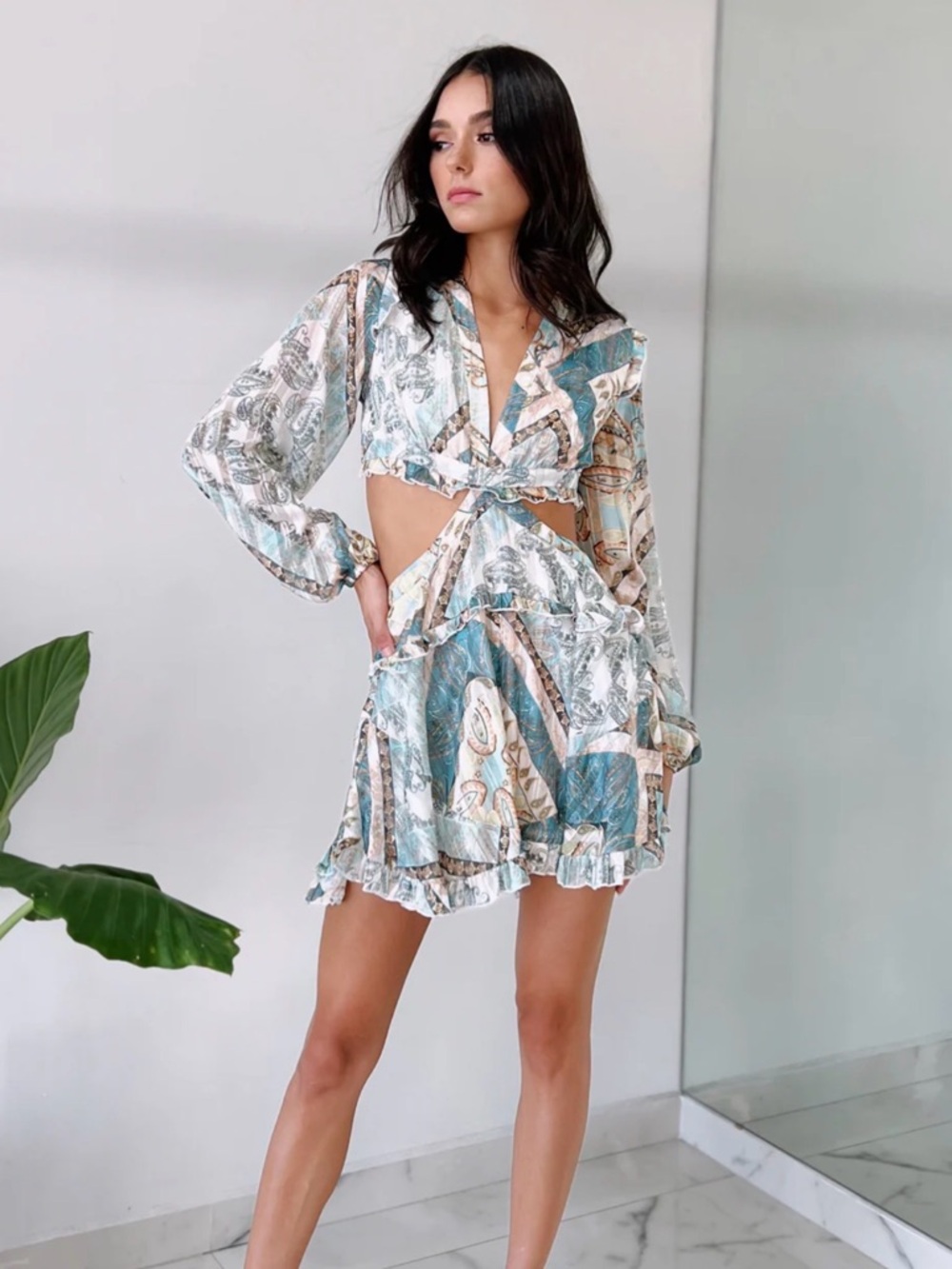 AKIRA Teal and Beige Printed Cutout Mini Dress